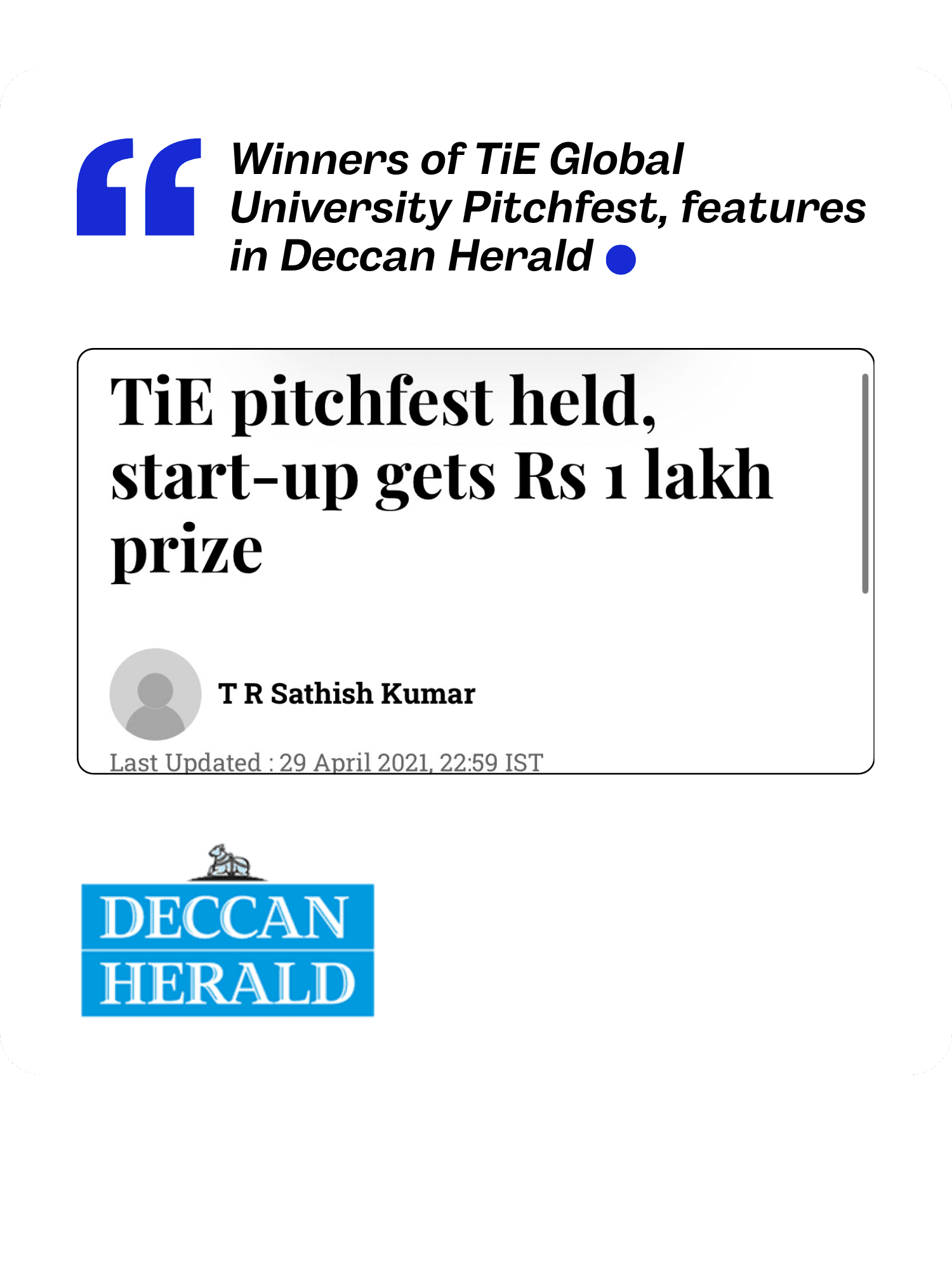 Deccan Herald - TiE pitchfest held, start-up gets Rs 1 lakh prize
