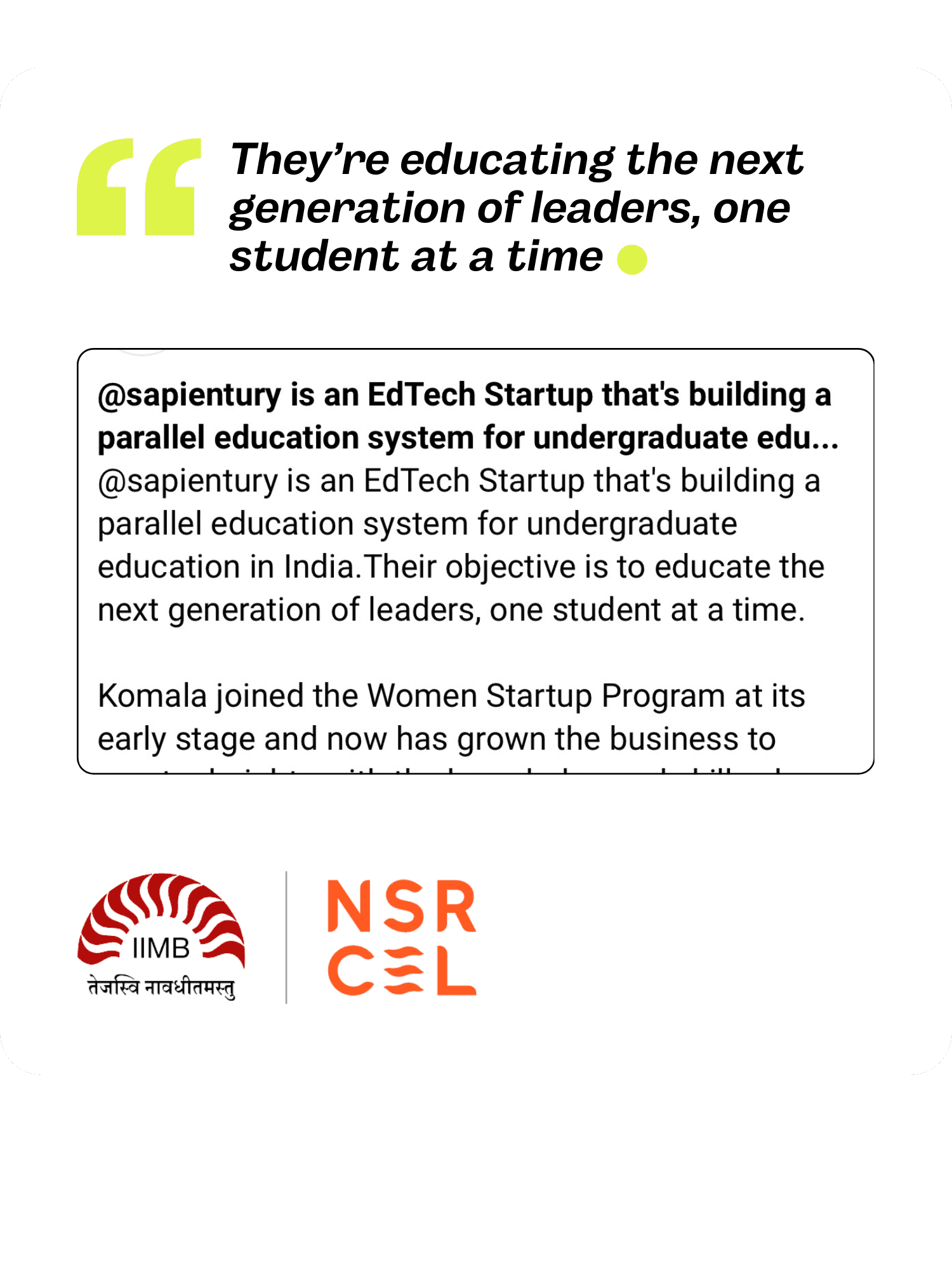 IIM Bangalore - NSRCEL Features Sapientury Founders