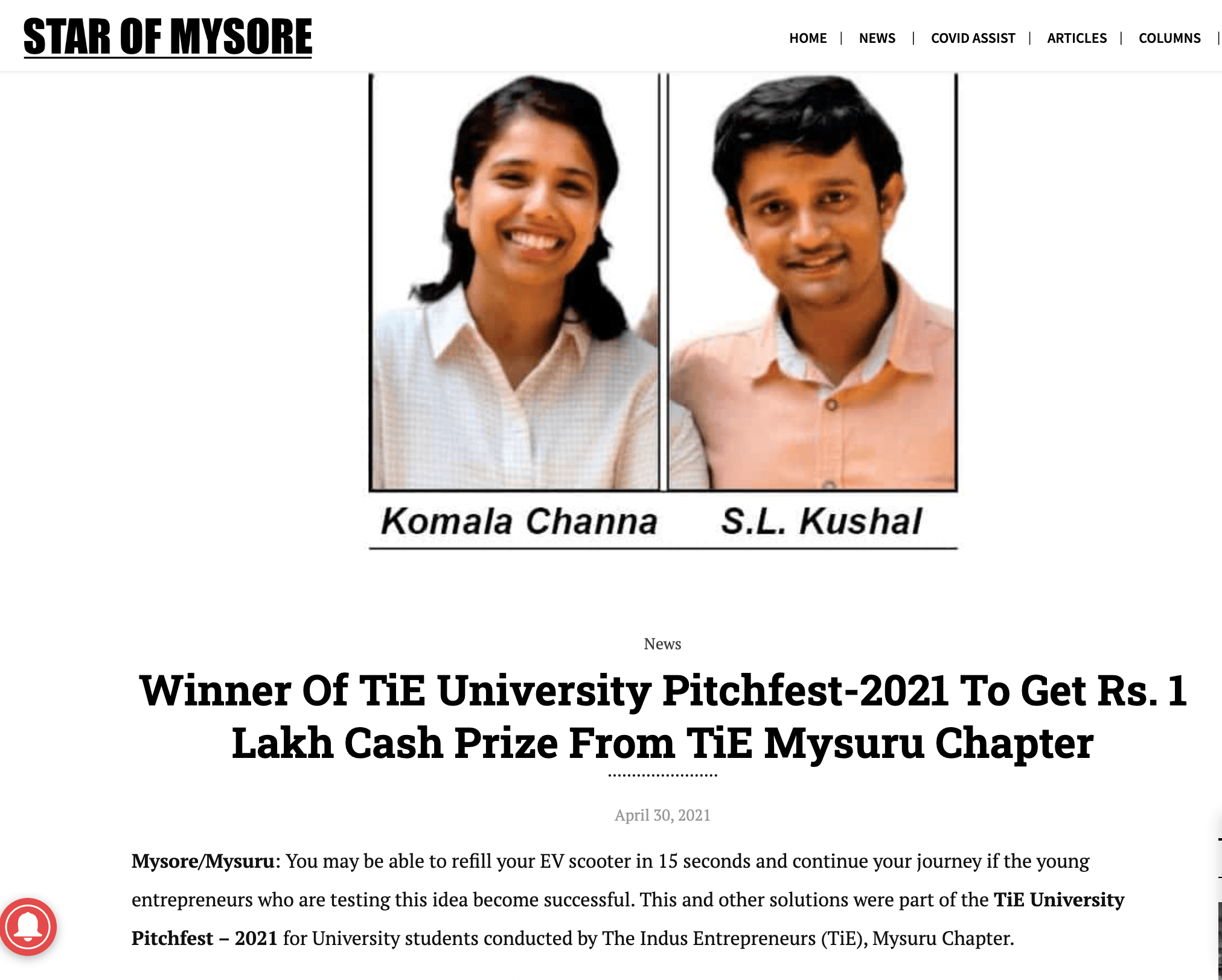 Star of Mysore - Winner of TiE University Pitchfest-2021 to get Rs. 1 lakh cash prize