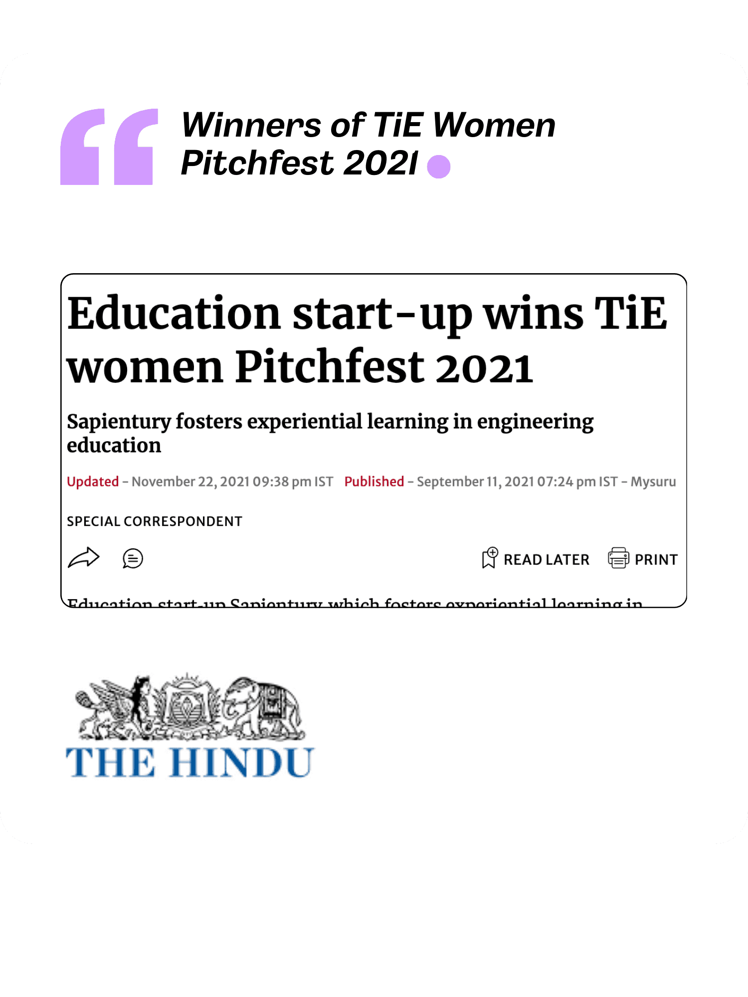 The Hindu - Education start-up wins TiE Women Pitchfest 2021